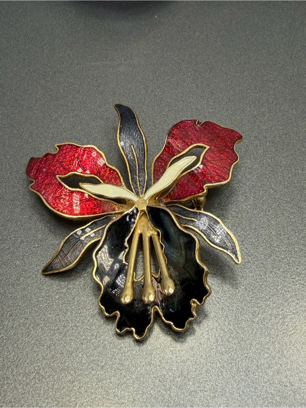 Cloisonné Orchid Flower Brooch in Red and Black